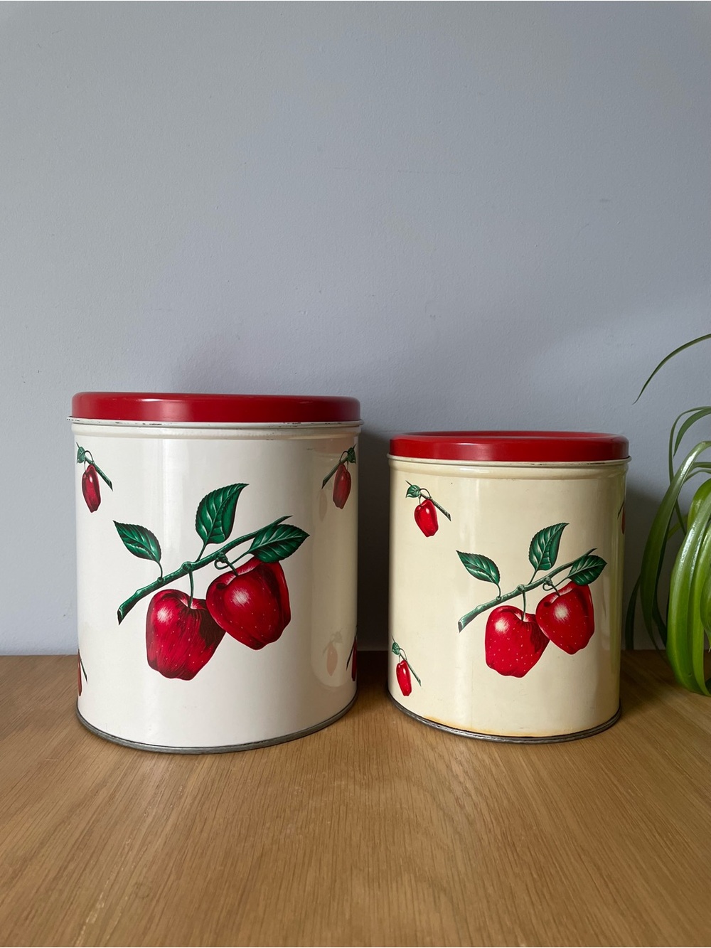 Vintage 1950s Decoware Red Apple Kitchen Tin Canisters Set of 2